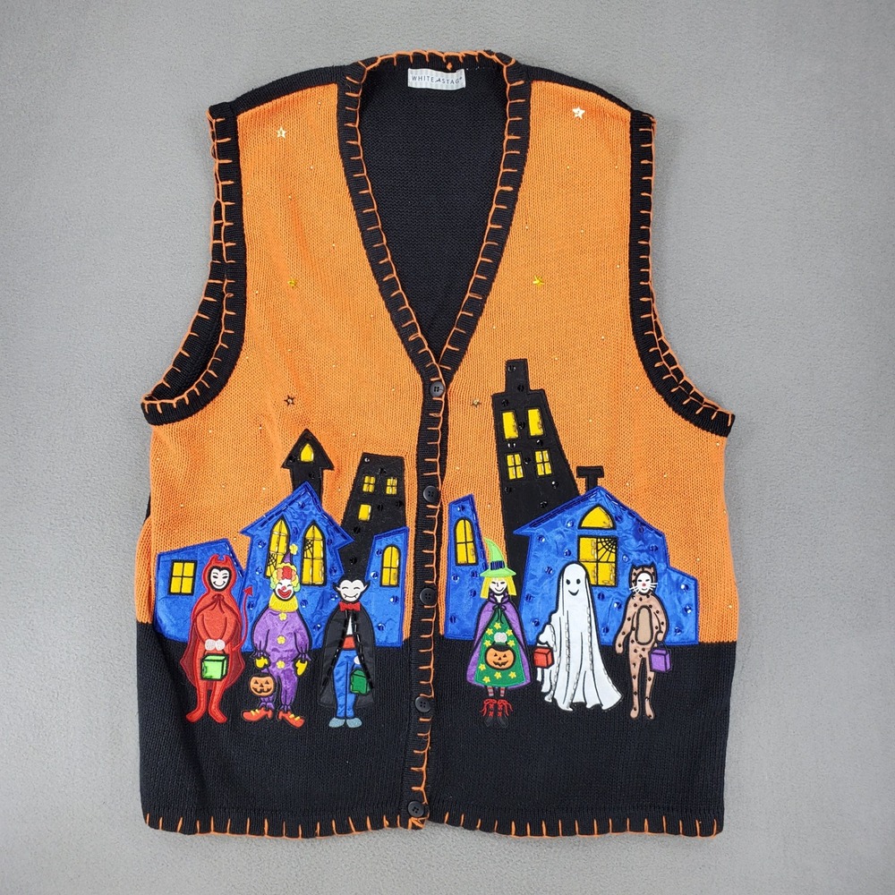 White Stag Halloween Sweater Vest Women XL Orange Black Embroidered Beaded Vtg